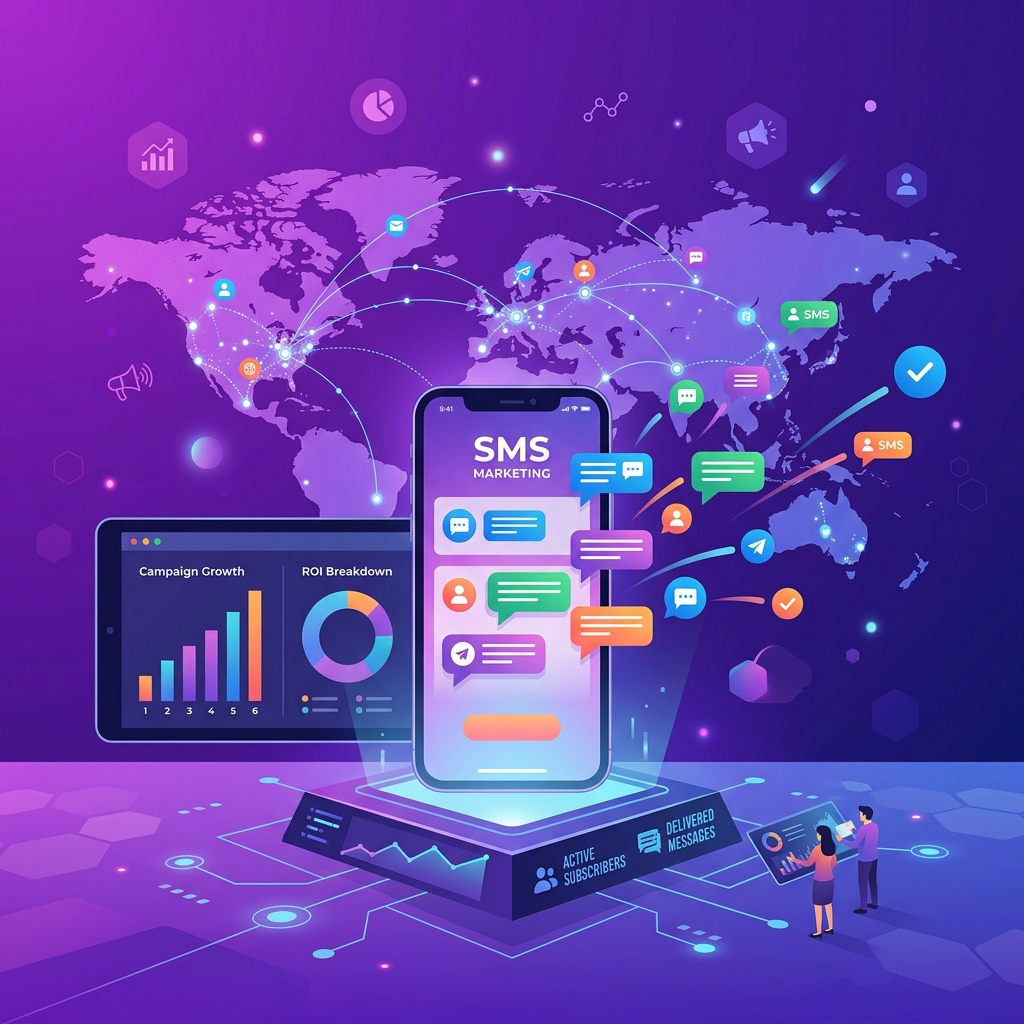SMS-LAH platform showing global SMS campaigns and analytics dashboard